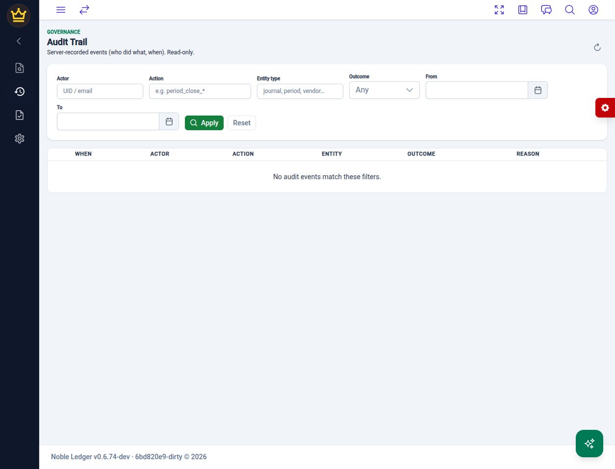 Audit Trail with Actor, Action, Entity type, Outcome, From, To, Apply, and Reset controls.